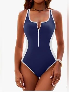 BMJL Womens One Piece Swimsuits, Large Blue White Zipper Criss Cross Back